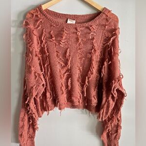Kerisma Rust Distressed Knit Sweater Cropped Fringe Grunge Boho S/M